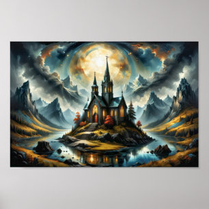 Poster Petite église de montagne rêveuse sur un lac au co