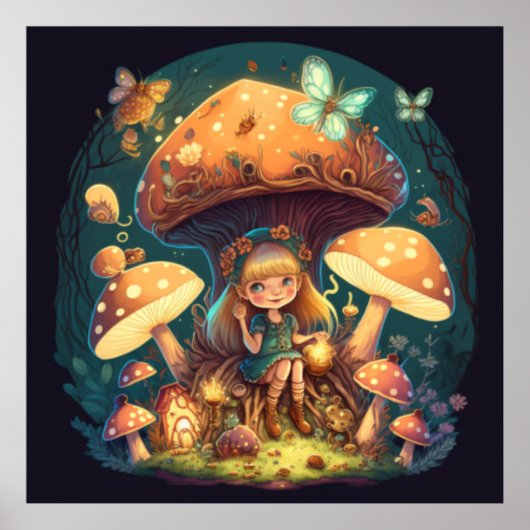 Poster Petite elve de fille parmi les champignons (Devant)