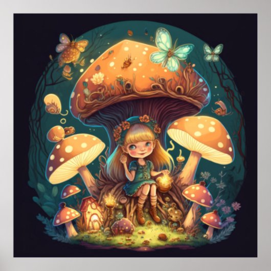 Poster Petite elve de fille parmi les champignons (Devant)