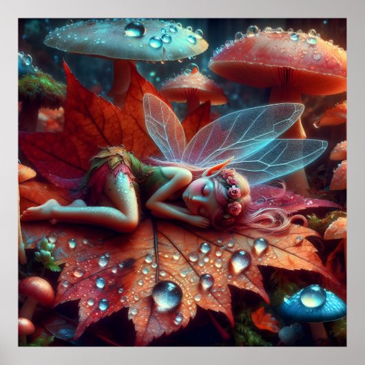 Poster Petite Fée Fantaisiste Endormie sur une Feuille (Devant)