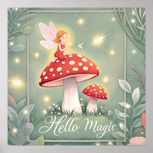 Poster Petite fée perchée sur un champignon et brillant  (Devant)