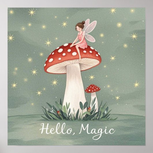 Poster Petite fée perchée sur un champignon et brillant (Devant)