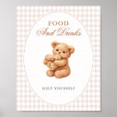 Poster Petite Fête de Naissance Ourson Marron Gingham (Devant)