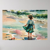 Poster Petite fille à la plage, aquarelle des vagues de l (Devant)