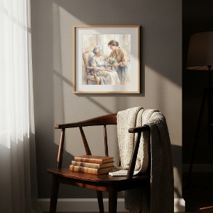 Poster Petite-fille apportant des fleurs à grand-mère pei