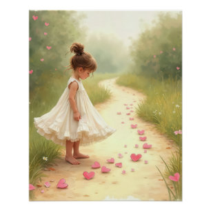 Poster Petite Fille Aux Coeurs Roses Sur Le Chemin Du Che