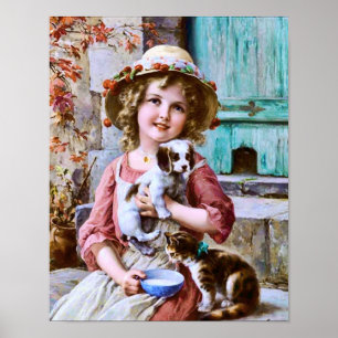 Poster Petite fille avec animaux de compagnie par Emile V