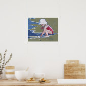 Poster Petite fille avec casquette sur la plage avec vagu (Cuisine)