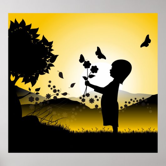 Poster Petite fille avec silhouette fleurie (Devant)