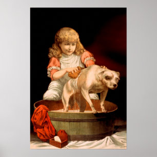 Poster Petite Fille Baigner Son Chien