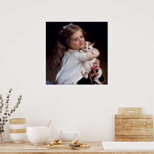 Poster Petite fille douce et son chaton (Cuisine)