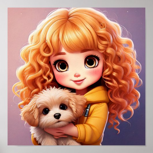 Poster Petite fille et chien; Chibi art, (Devant)