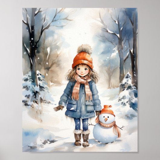 Poster Petite fille et son bonhomme de neige (Devant)