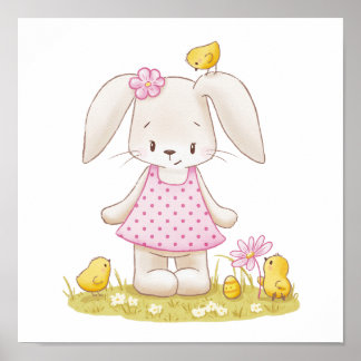 Poster Petite fille lapin en Robe Rose et pousses Kawaii