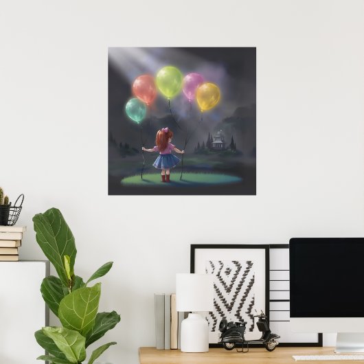 Poster Petite fille mignonne avec des ballons (Bureau à domicile)