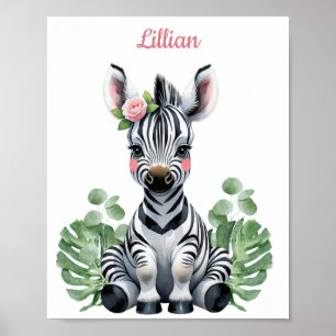 Poster Petite fille personnalisée Zebra Safari Nursery