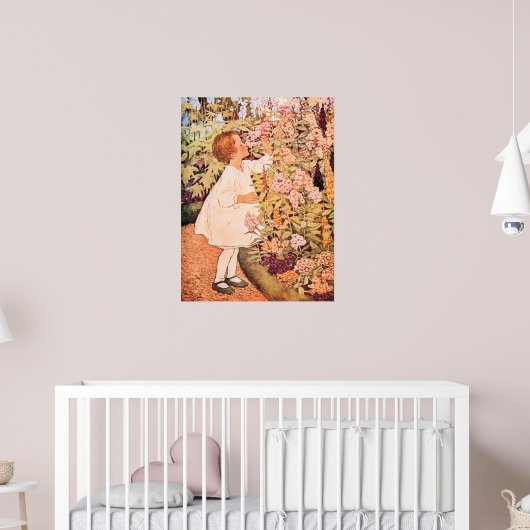 Poster Petite Fille Sentant des Fleurs Illustration Vinta (Pépinière 2)