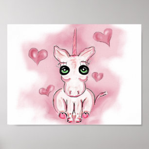 Poster Petite licorne rose du coeur pour les enfants