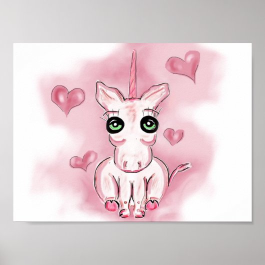 Poster Petite licorne rose du coeur pour les enfants (Devant)