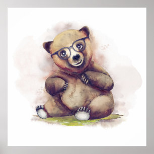 Poster Petite ours bébé avec lunettes Aquarelle mignonne