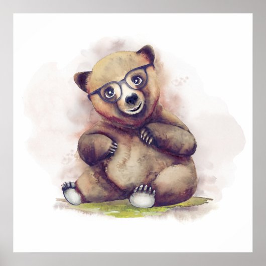 Poster Petite ours bébé avec lunettes Aquarelle mignonne (Devant)
