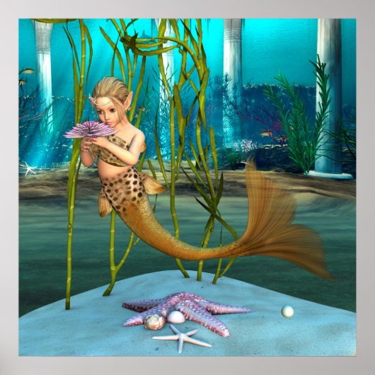 Poster Petite sirène avec fleur d'anémone (Devant)