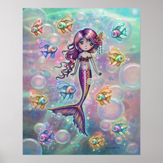 Poster Petite sirène rose avec du poisson et des bulles I (Devant)