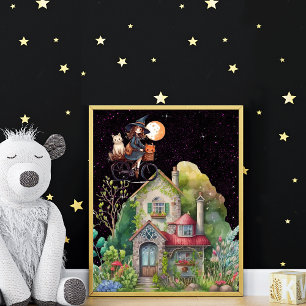 Poster Petite Sorcière Et Chat Mignon Avec Une Maison Heu