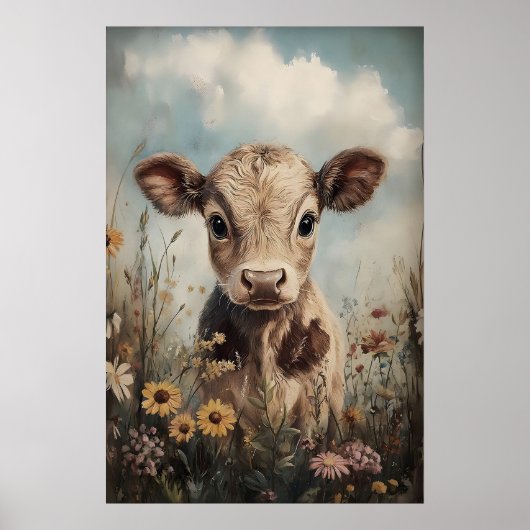 Poster Petite vache fleurs sauvages impression, Pâques fe (Devant)