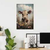 Poster Petite vache fleurs sauvages impression, Pâques fe (Bureau à domicile)