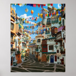 Poster Petite ville touristique beaucoup de maisons color