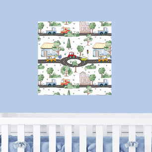 Poster Petite Ville & Voitures Motif Coloré