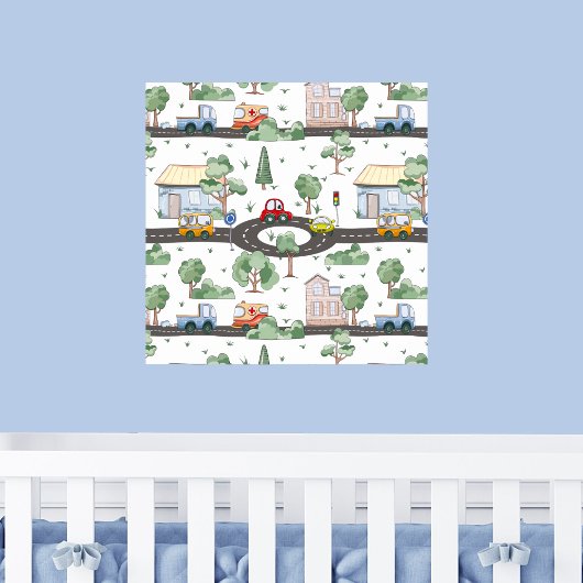 Poster Petite ville & voitures motif coloré