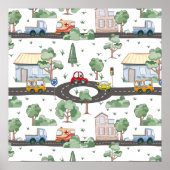 Poster Petite ville & voitures motif coloré (Devant)
