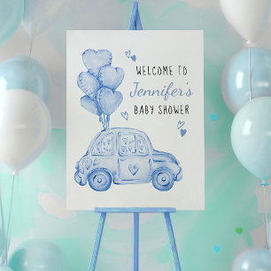 Poster Petite Voiture Bleue et Ballons Bienvenue Chéri