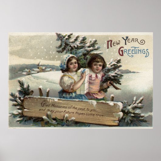 Poster Petites filles tenant un présent et un arbre (Devant)