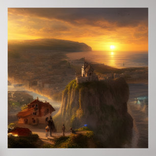 Poster Petites Maisons sur une falaise mer et soleil