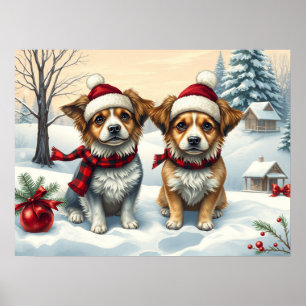 Poster Petits chiens en hiver avant l'arrivée et l'hiver