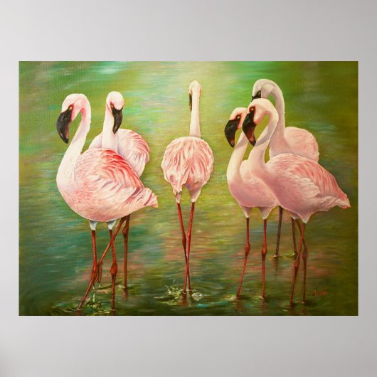 Poster Petits flamants roses peignant l'art (Devant)