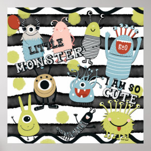 Poster Petits monstres mignons moderne chic rayure aquare