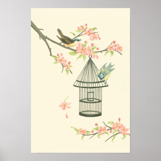 Poster Petits oiseaux perchés sur une branche et sur une  (Devant)