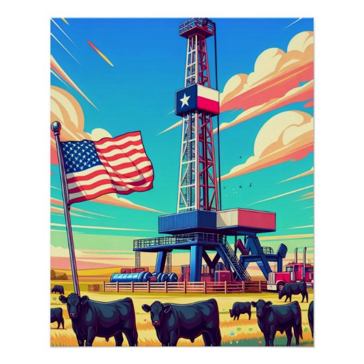 Poster Pétrole Gaz Dragage Scène Bétail Et Drapeau (Devant)