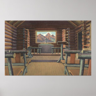 Poster Peu d'église de rondin à la vue de la rivière