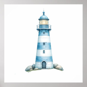 Poster Phare à l'aquarelle bleue et blanche