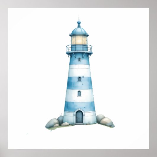 Poster Phare à l'aquarelle bleue et blanche (Devant)