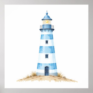 Poster Phare à l'aquarelle bleue et blanche