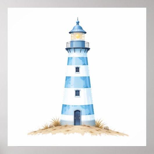 Poster Phare à l'aquarelle bleue et blanche (Devant)