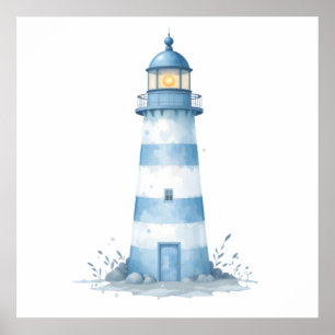 Poster Phare à l'aquarelle bleue et blanche