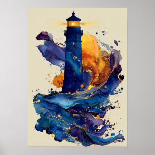 Poster Phare Abstrait Liquide Art Flux de Couleur Côtière
