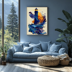 Poster Phare Abstrait Liquide Art Flux de Couleur Côtière